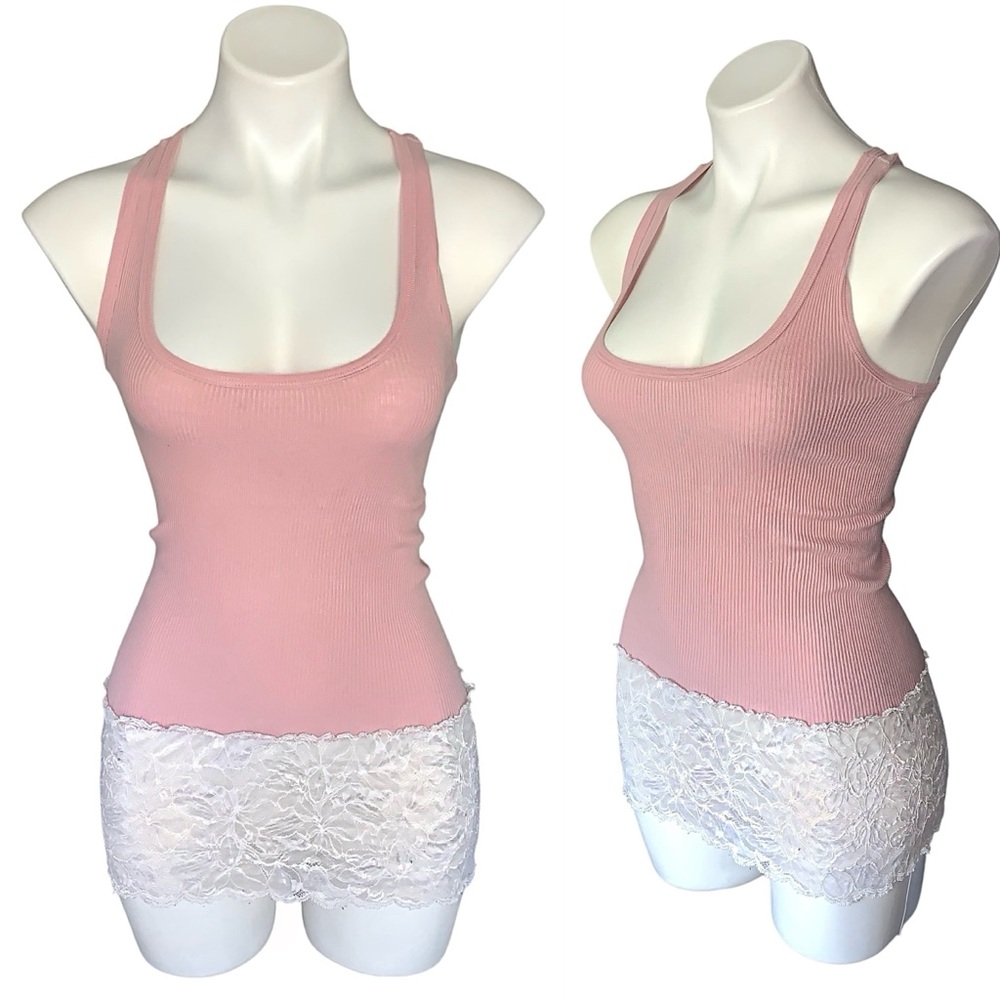 Mimi & Coco Long Y2K Ribbed Lace Tank Top